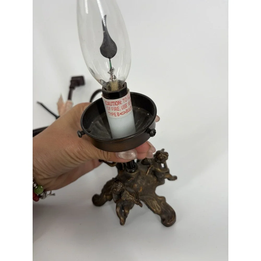 VTG‎ Cherub Table Lamp w/ Faux Flame Bulb Cast Metal Putti Accent Light